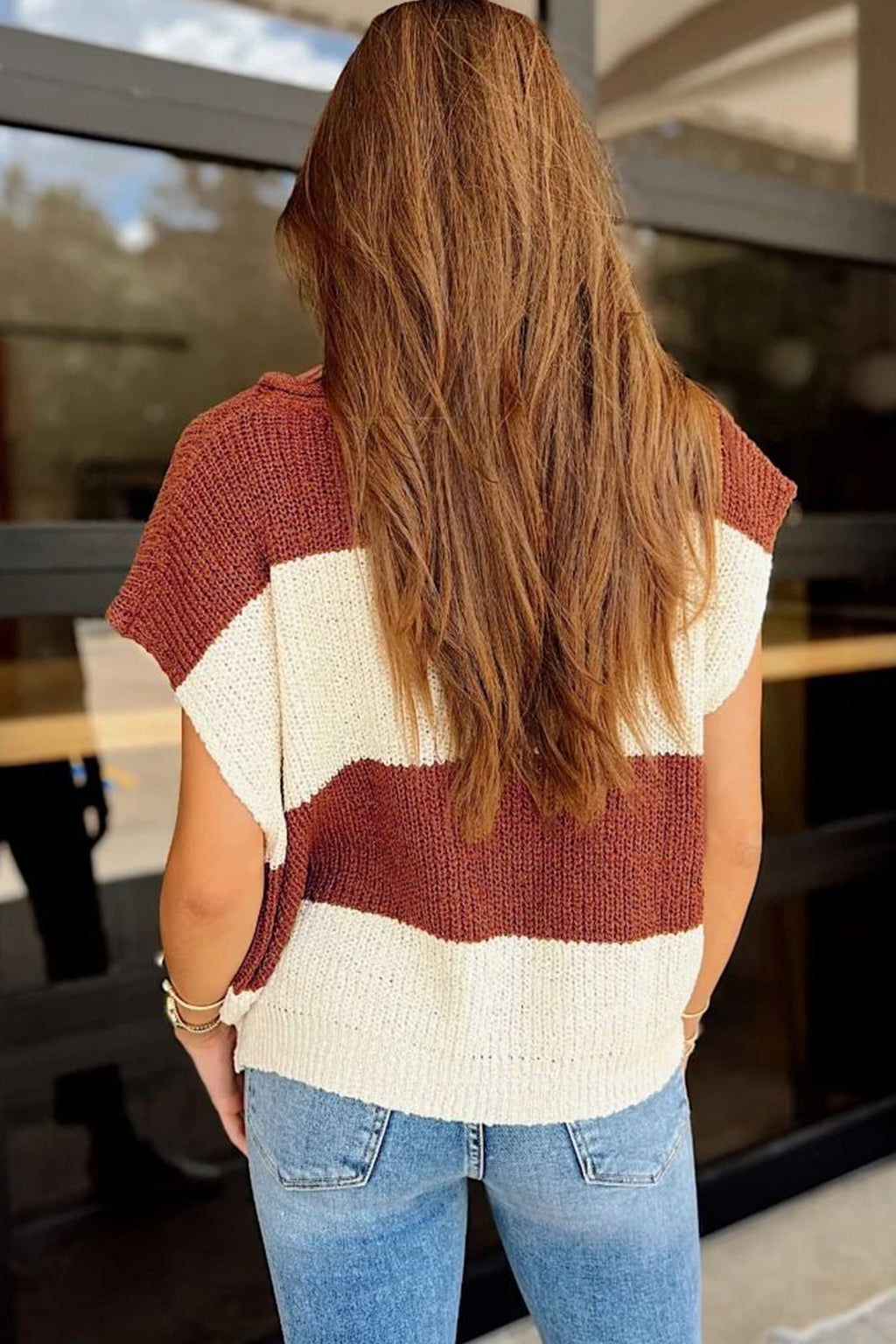 Blue Stripe Striped Colorblock Knit V Neck Short Sleeve Loose Sweater