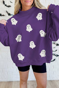 Tillandsia Purple Halloween Sequined Ghost Print Mock Neck Graphic Sweatshirt