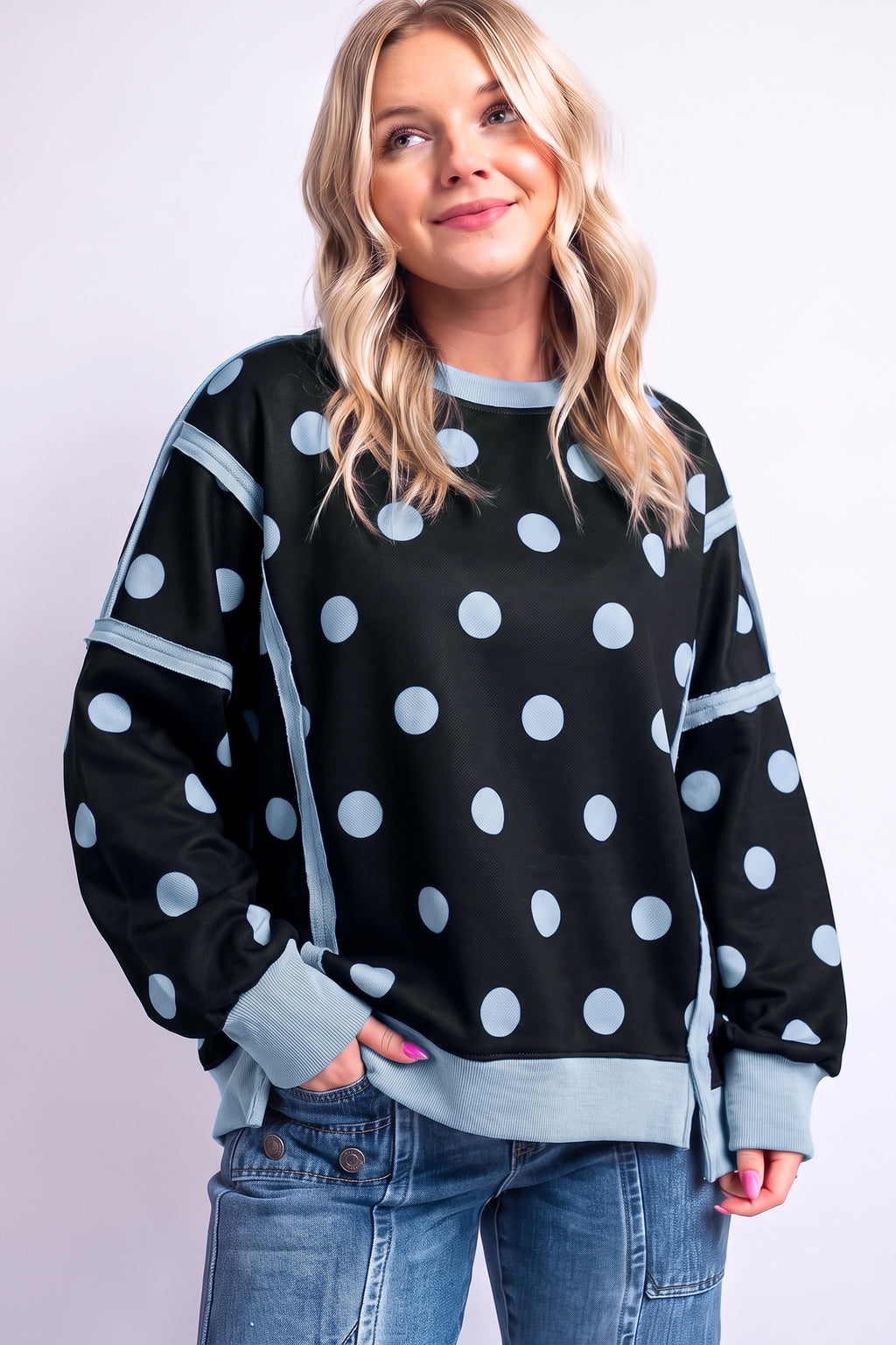 Blue Polka Dot Contrast Patchwork Round Neck Baggy Sweatshirt