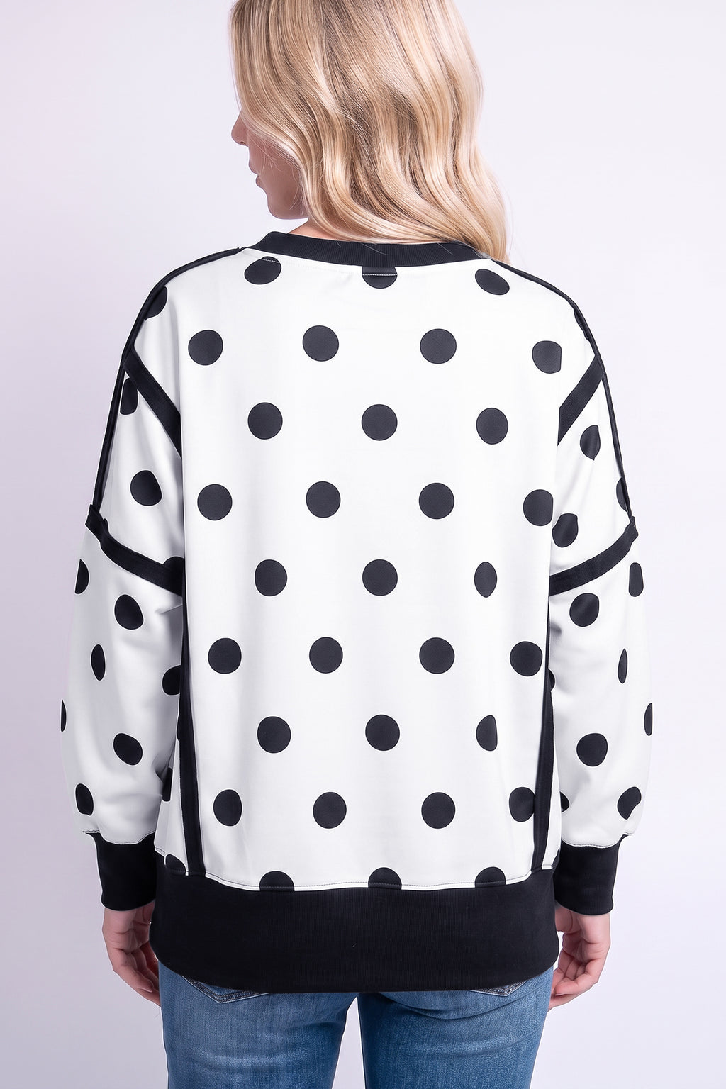 Blue Polka Dot Contrast Patchwork Round Neck Baggy Sweatshirt