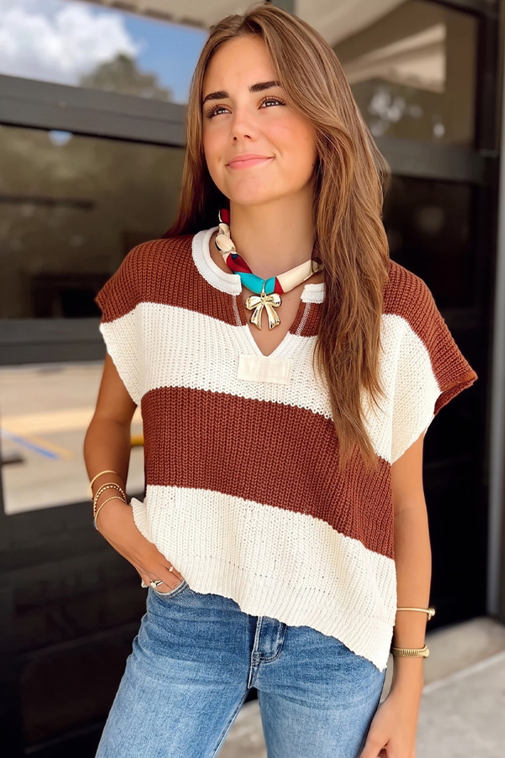 Blue Stripe Striped Colorblock Knit V Neck Short Sleeve Loose Sweater