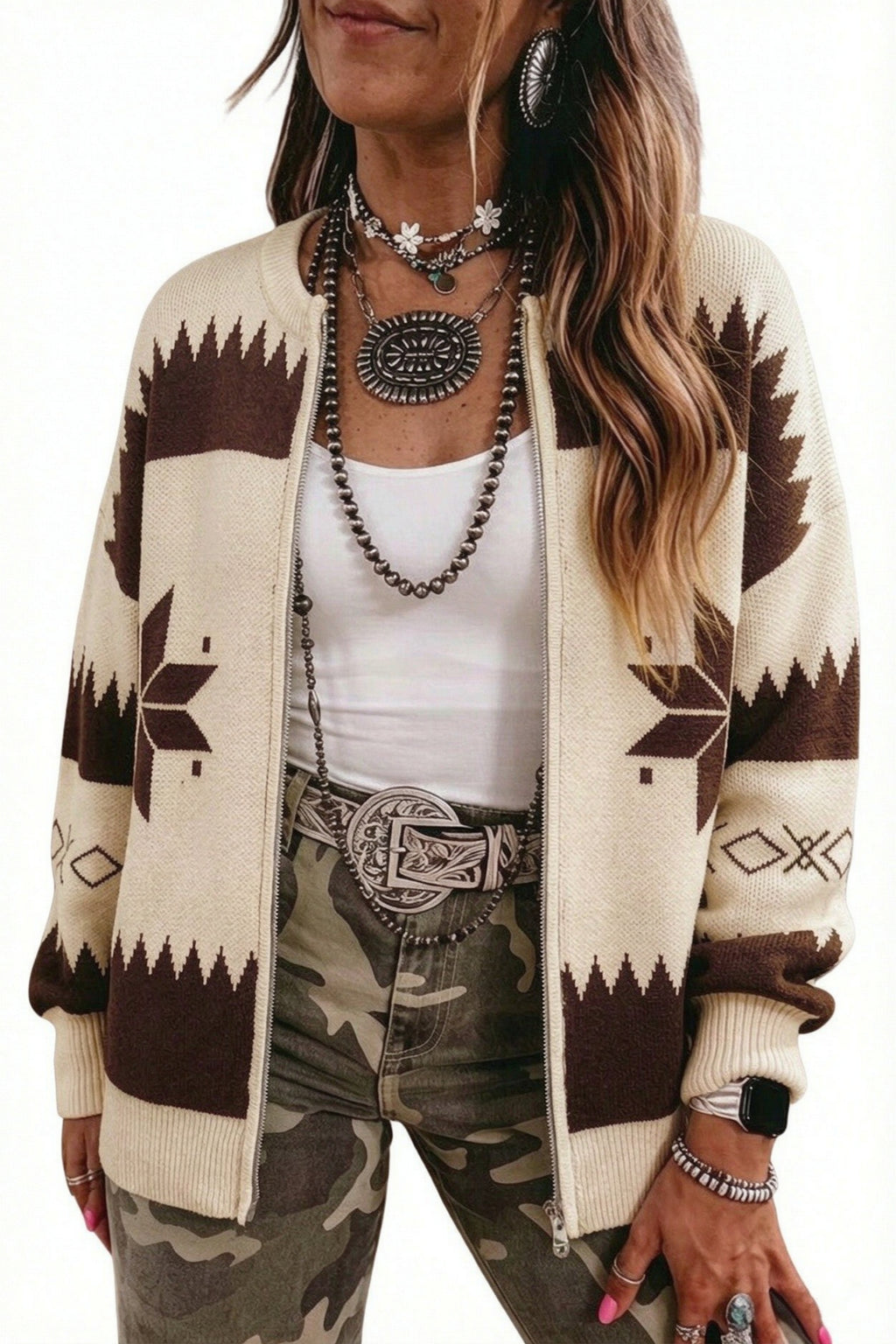 Beige Western Geometric Print Zip Front Loose Sweater Cardigan